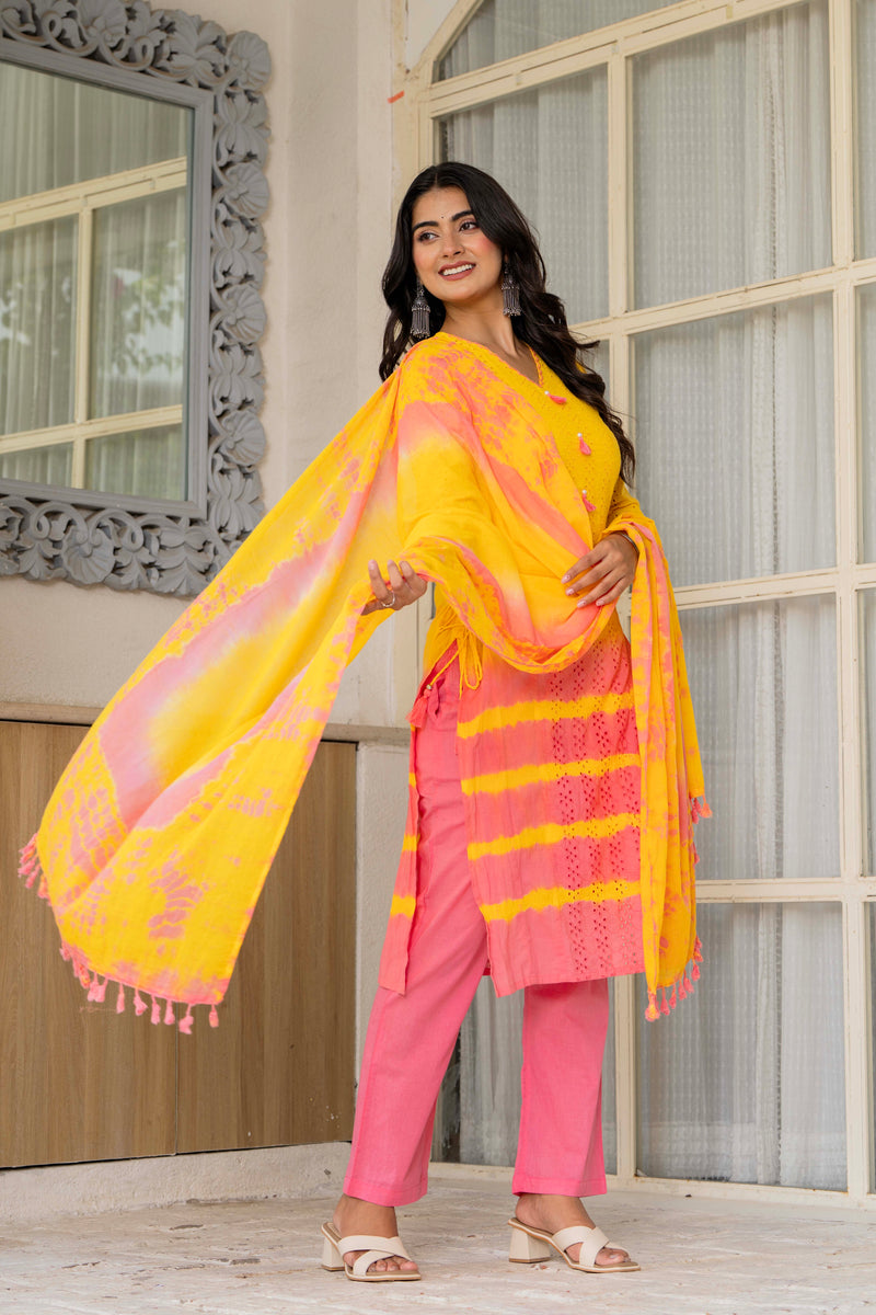 Women Tie& Dye Cotton Straight Shape Kurta , Pant With Dupatta