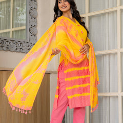 Women Tie& Dye Cotton Straight Shape Kurta , Pant With Dupatta