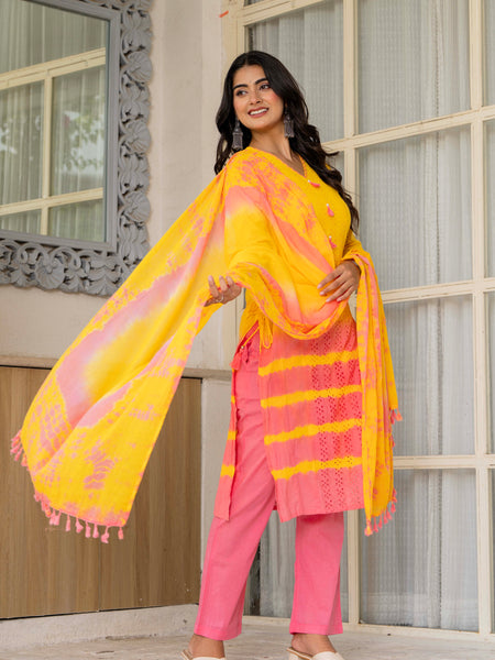 Women Tie& Dye Cotton Straight Shape Kurta , Pant With Dupatta