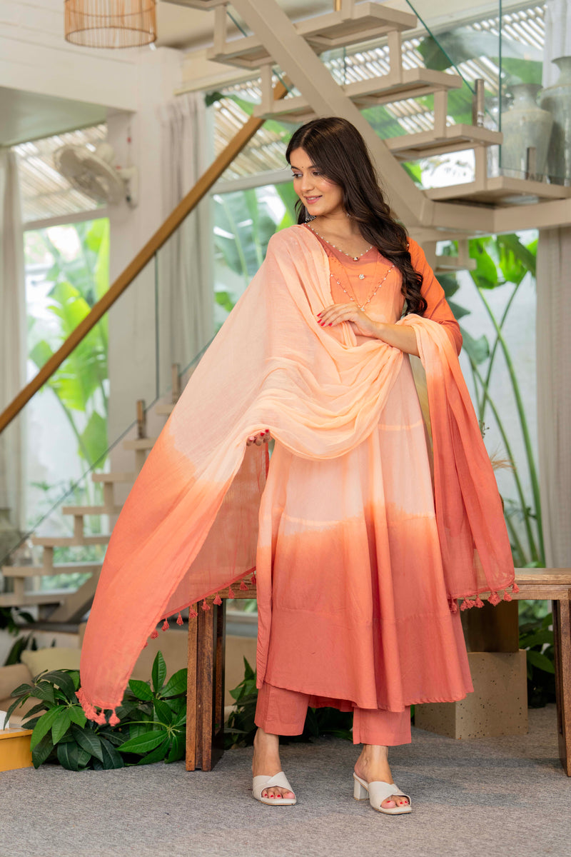 Women Tie& dye Cotton Anarkali Shape Kurta, Pant With Dupatta