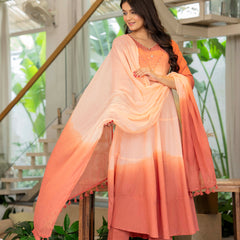 Women Tie& dye Cotton Anarkali Shape Kurta, Pant With Dupatta