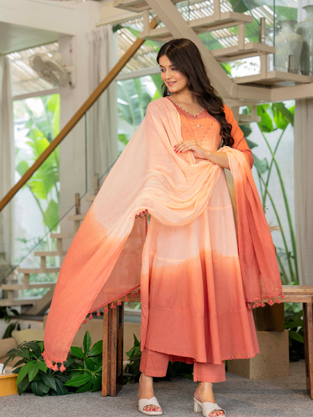 Women Tie& dye Cotton Anarkali Shape Kurta, Pant With Dupatta