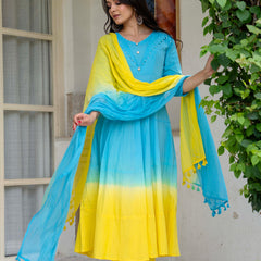 Women Tie& dye Cotton Anarkali Shape Kurta, Pant With Dupatta