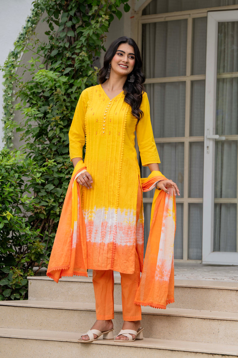 Women Tie& Dye Cotton Straight Shape Kurta , Pant With Dupatta