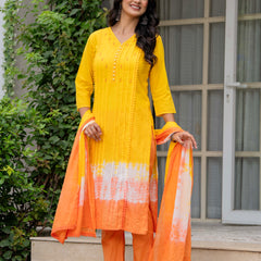 Women Tie& Dye Cotton Straight Shape Kurta , Pant With Dupatta