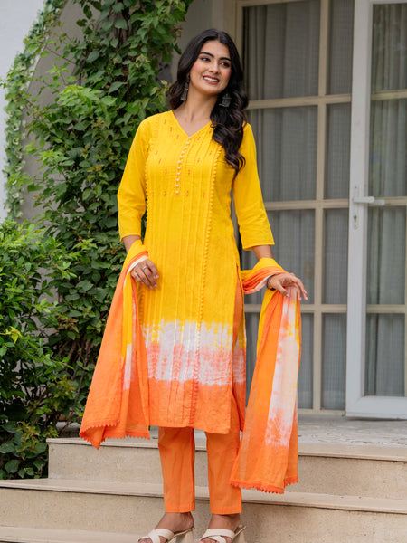 Women Tie& Dye Cotton Straight Shape Kurta , Pant With Dupatta