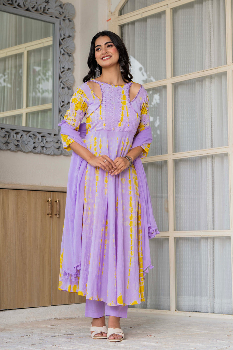 Women Tie& dye Mulcotton Anarkali Shape Kurta, Pant With Dupatta