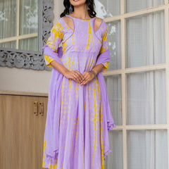 Women Tie& dye Mulcotton Anarkali Shape Kurta, Pant With Dupatta