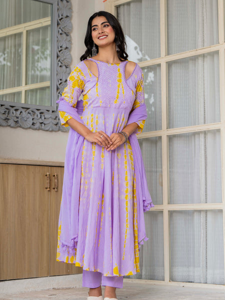 Women Tie& dye Mulcotton Anarkali Shape Kurta, Pant With Dupatta