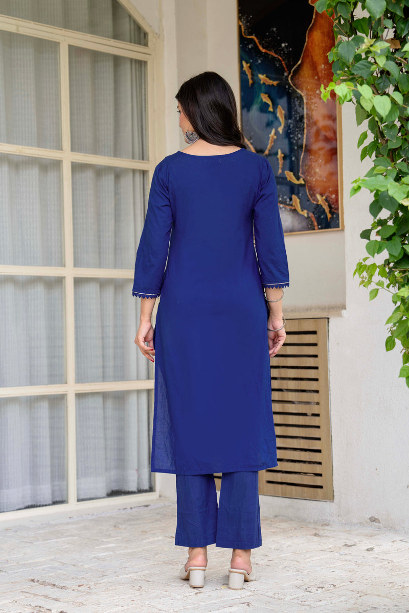 Women Blue Manual Embroiderey Straight Shape Kurta , Pant With Dupatta