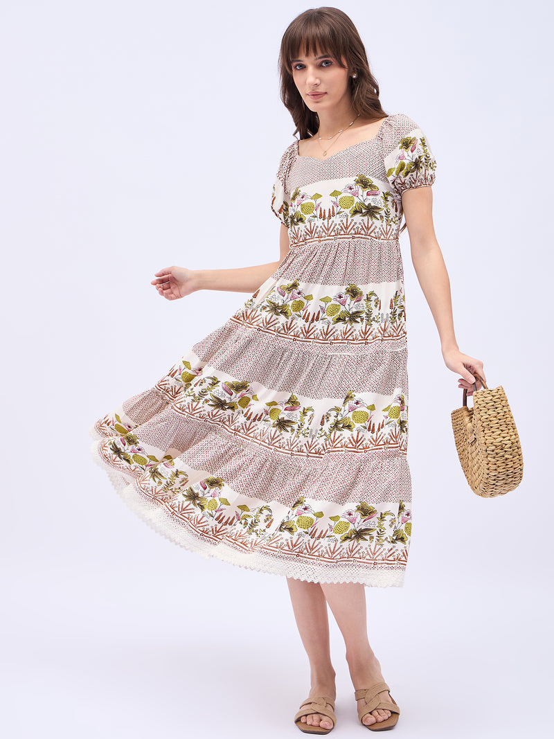 Printed Rayon With Tyer Style Calf Length Dress