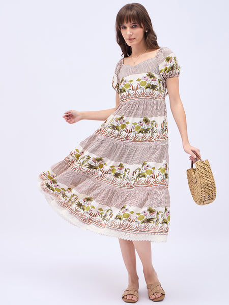Printed Rayon With Tyer Style Calf Length Dress
