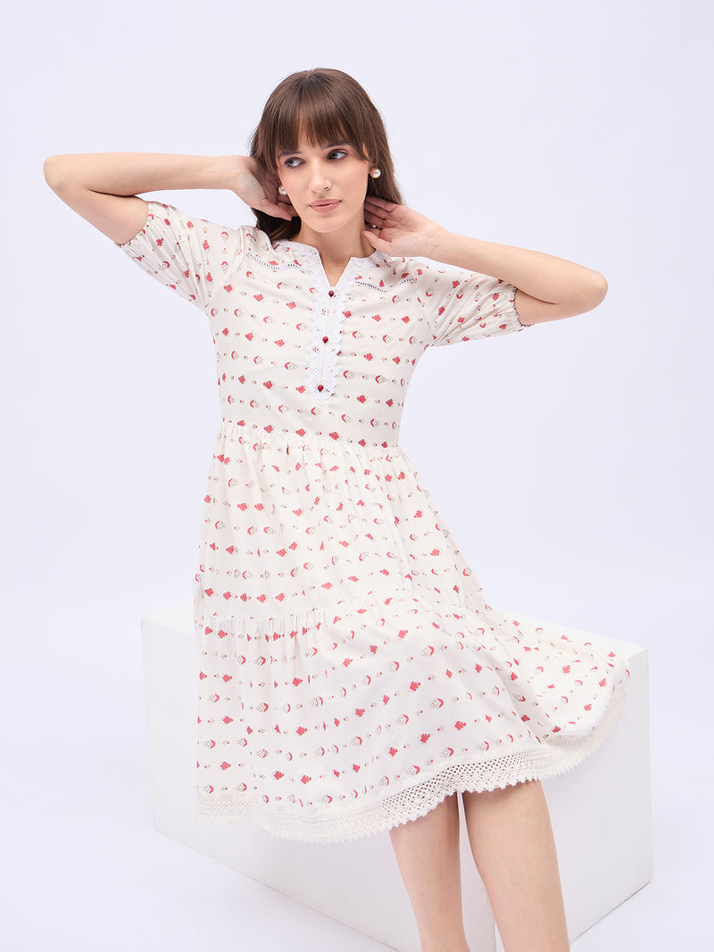 Printed Rayon With Tyer Style Knee Length Dress