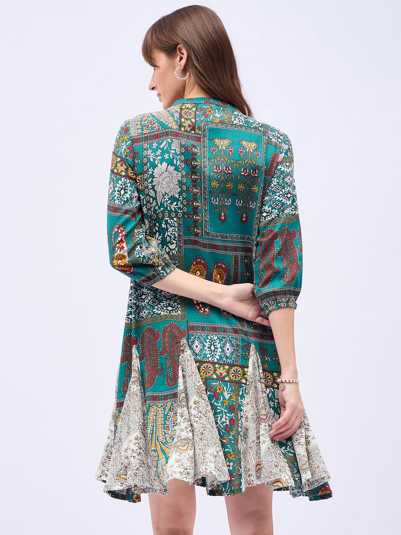 Printed Mandarin Collar Knee Length Turquoise Dress