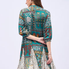 Printed Mandarin Collar Knee Length Turquoise Dress