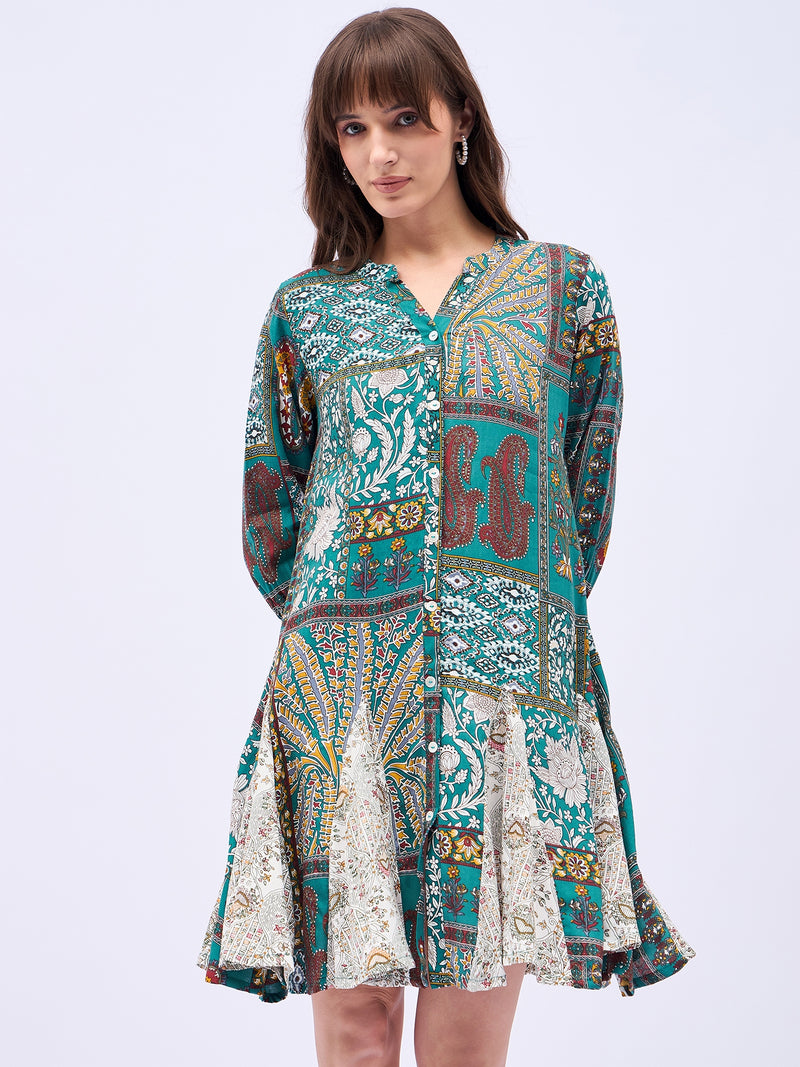 Printed Mandarin Collar Knee Length Turquoise Dress
