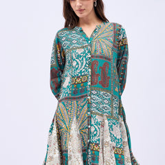 Printed Mandarin Collar Knee Length Turquoise Dress
