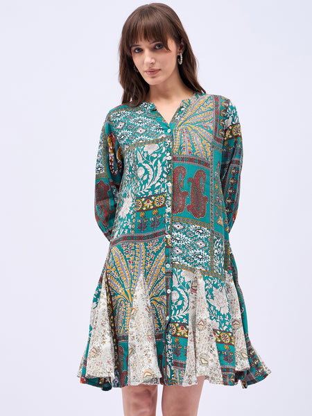 Printed Mandarin Collar Knee Length Turquoise Dress