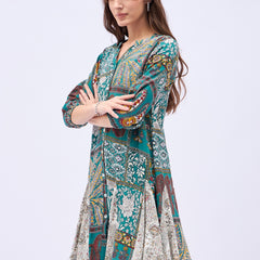 Printed Mandarin Collar Knee Length Turquoise Dress