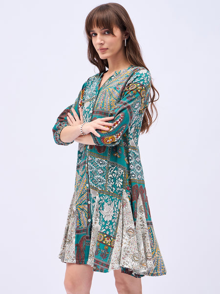 Printed Mandarin Collar Knee Length Turquoise Dress