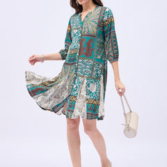 Printed Mandarin Collar Knee Length Turquoise Dress