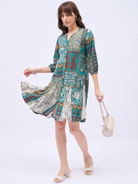 Printed Mandarin Collar Knee Length Turquoise Dress