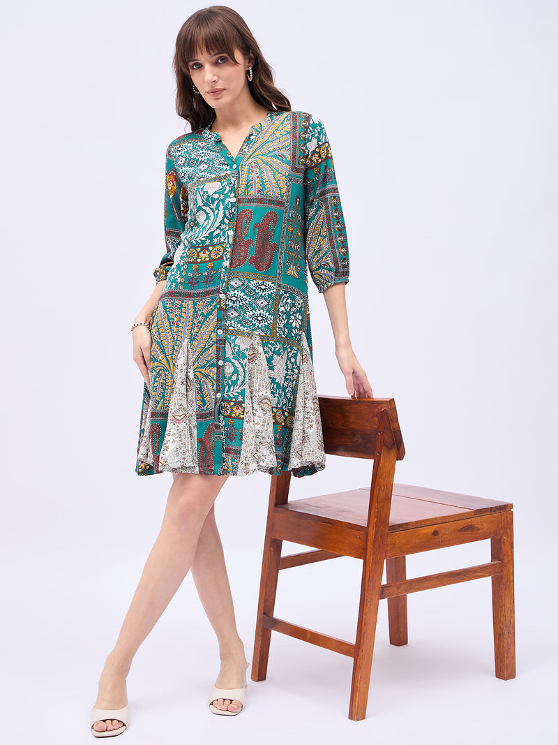 Printed Mandarin Collar Knee Length Turquoise Dress