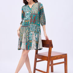 Printed Mandarin Collar Knee Length Turquoise Dress