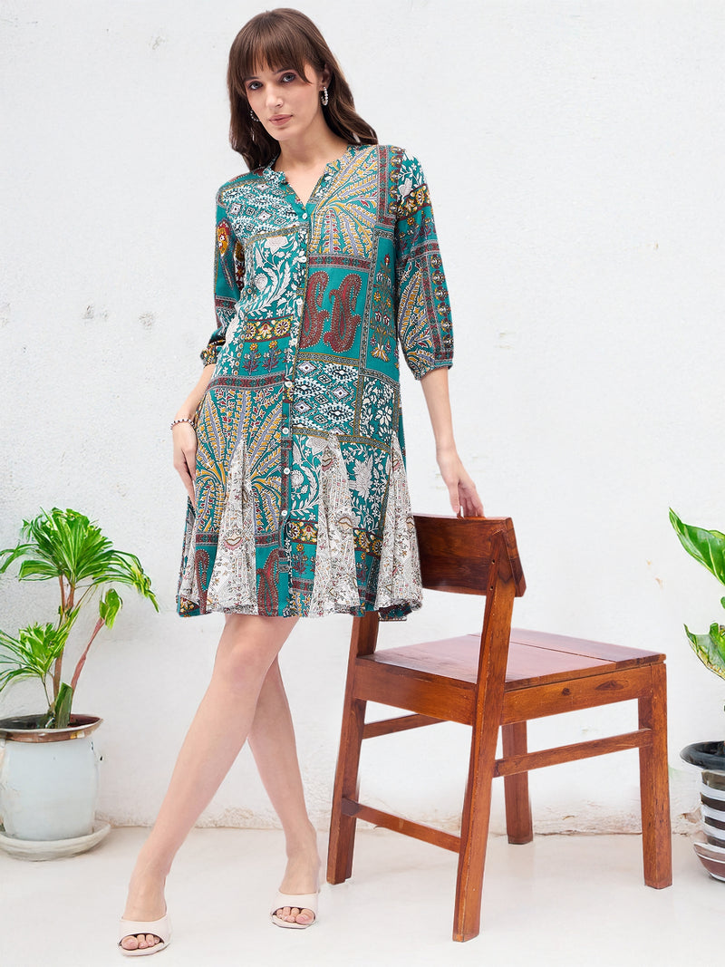 Printed Mandarin Collar Knee Length Turquoise Dress