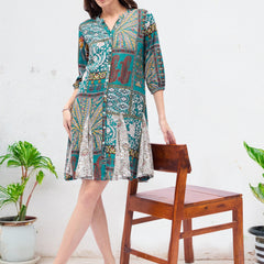 Printed Mandarin Collar Knee Length Turquoise Dress