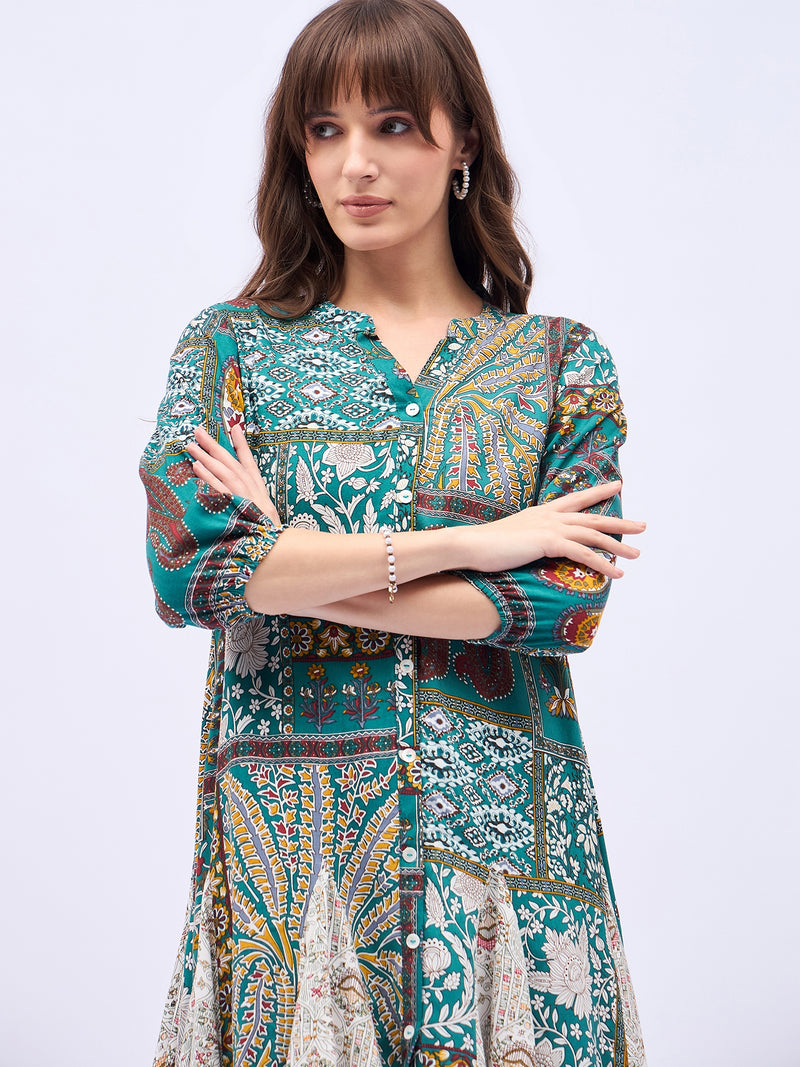 Printed Mandarin Collar Knee Length Turquoise Dress