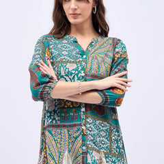 Printed Mandarin Collar Knee Length Turquoise Dress
