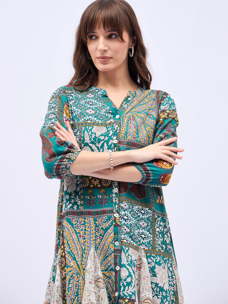 Printed Mandarin Collar Knee Length Turquoise Dress