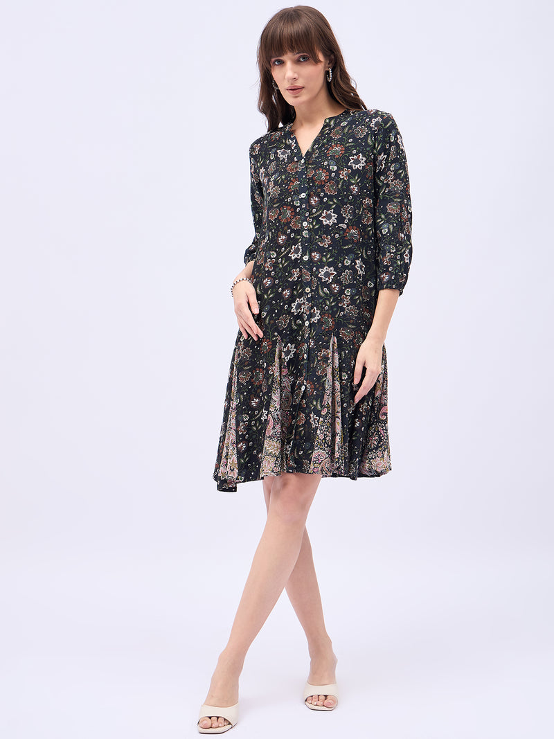Printed Mandarin Collar Knee Length Black Dress