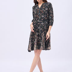 Printed Mandarin Collar Knee Length Black Dress