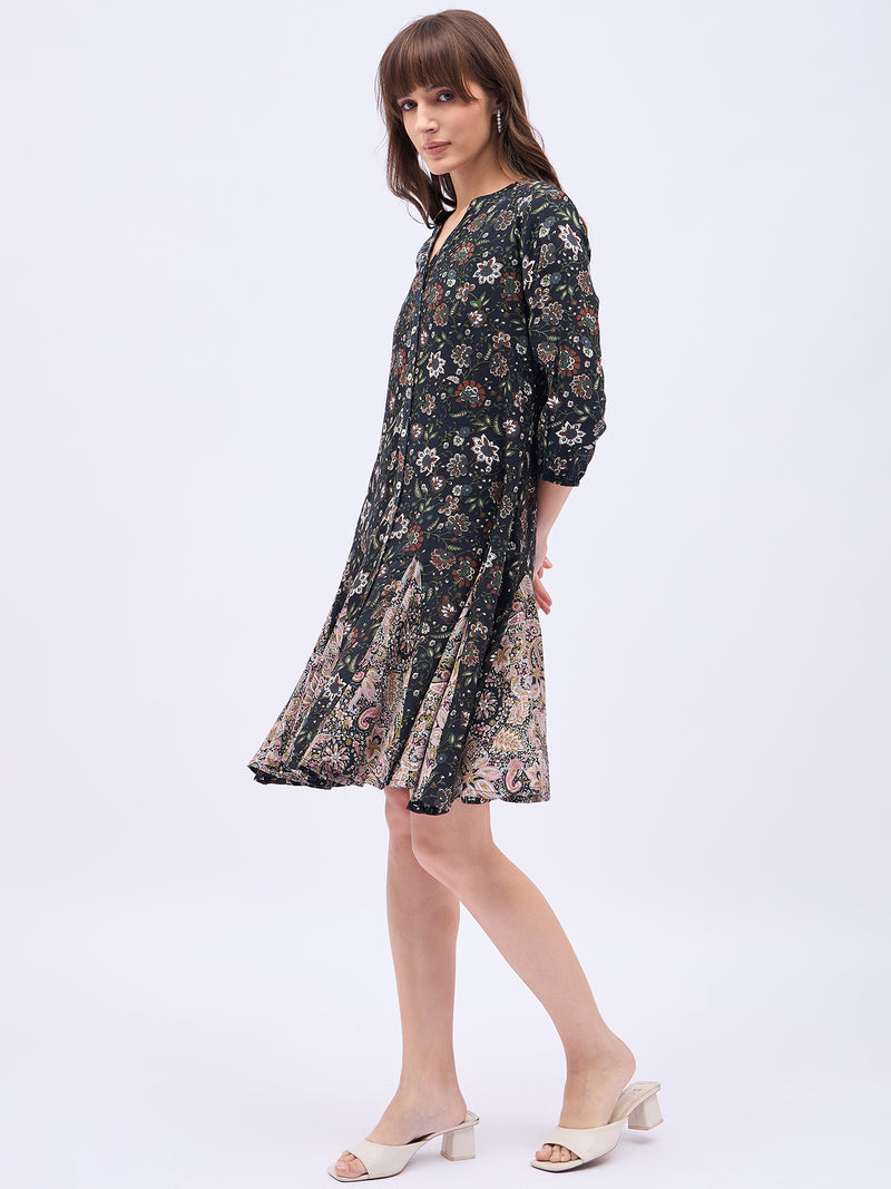 Printed Mandarin Collar Knee Length Black Dress