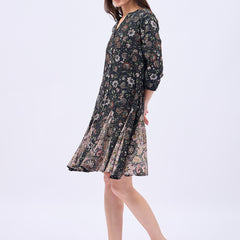 Printed Mandarin Collar Knee Length Black Dress