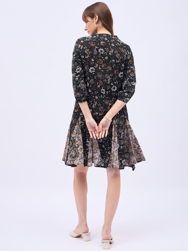Printed Mandarin Collar Knee Length Black Dress
