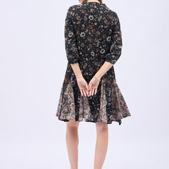Printed Mandarin Collar Knee Length Black Dress