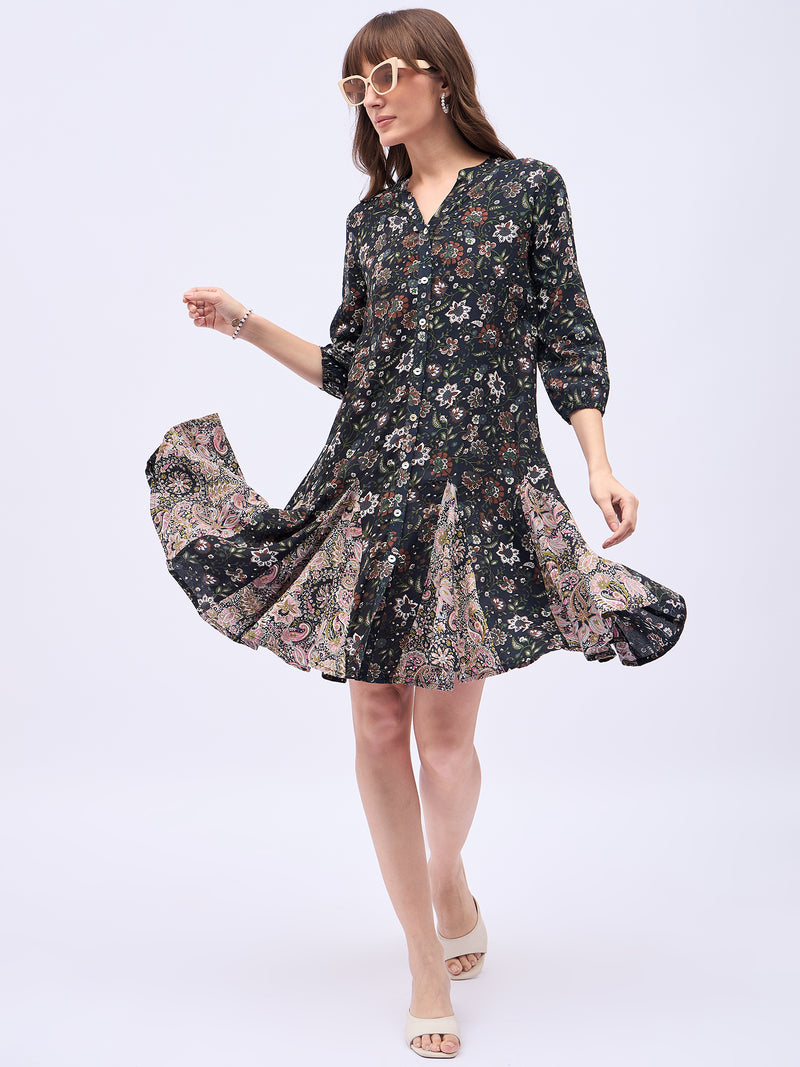 Printed Mandarin Collar Knee Length Black Dress
