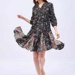Printed Mandarin Collar Knee Length Black Dress