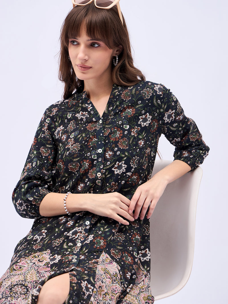 Printed Mandarin Collar Knee Length Black Dress