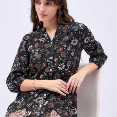 Printed Mandarin Collar Knee Length Black Dress