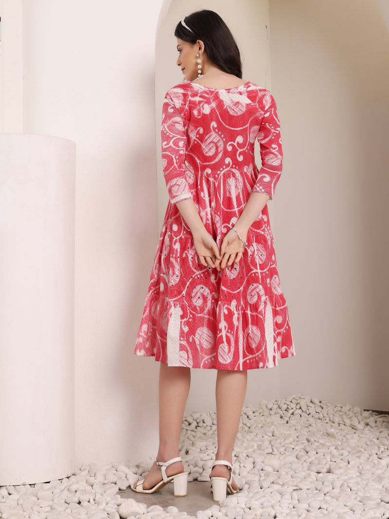 Cotton Schiffli Hand Printed Tiered A-Line Dress