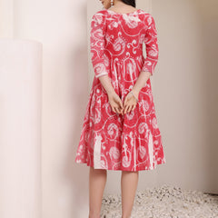 Cotton Schiffli Hand Printed Tiered A-Line Dress