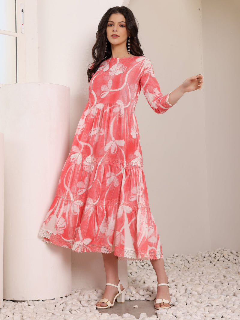 Cotton Hand Printed Tiered A-Line Dress