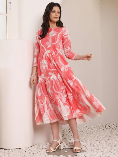 Cotton Hand Printed Tiered A-Line Dress