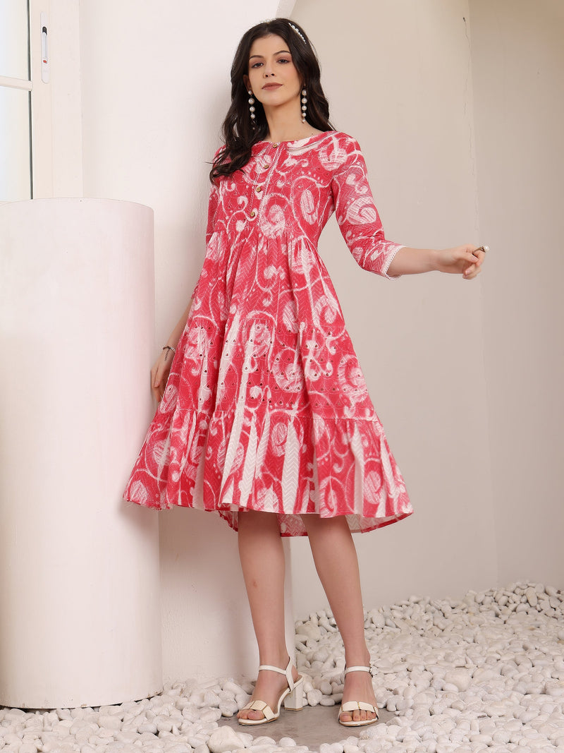 Cotton Schiffli Hand Printed Tiered A-Line Dress