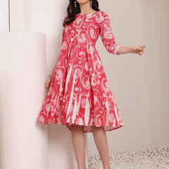 Cotton Schiffli Hand Printed Tiered A-Line Dress