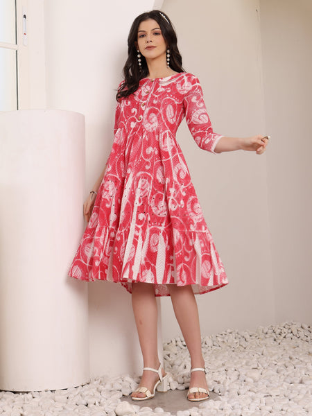 Cotton Schiffli Hand Printed Tiered A-Line Dress